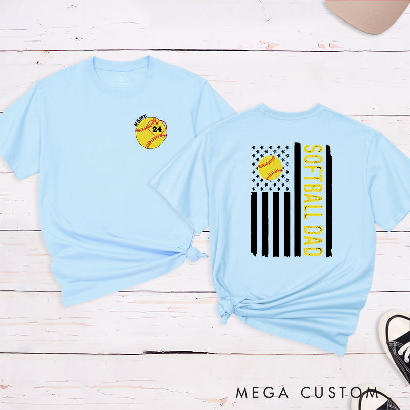 Personalized Softball Dad T-Shirt with Custom Name and Number Patriotic Design Perfect Gift for Proud Softball Dads