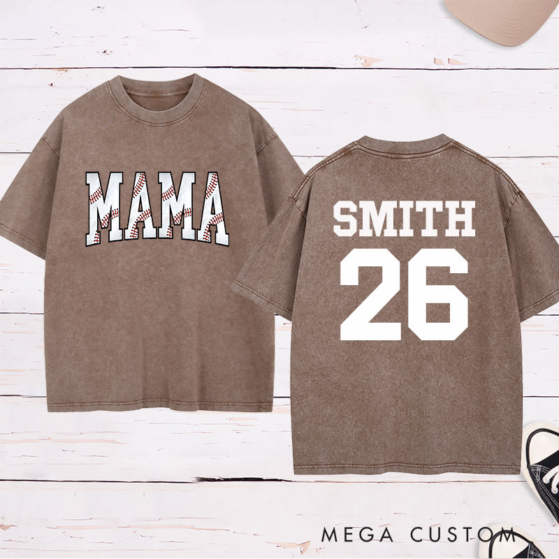 Personalized Vintage-Style "Mama" Baseball Washed T-Shirt with Custom Name and Number