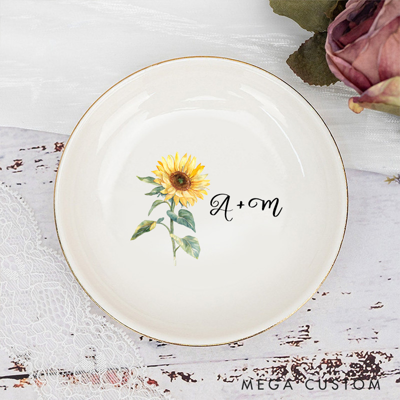 Personalized Vibrant Sunflower with Initials Wedding Engagement Gold-Trimmed Ring Dishes