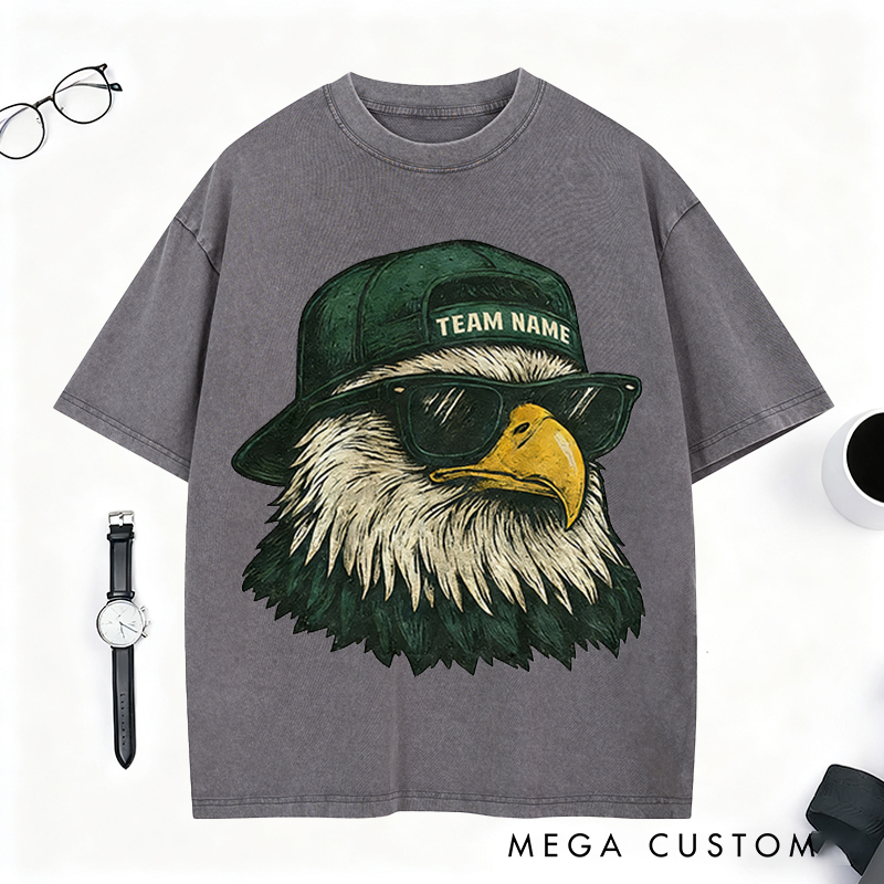 Personalized Football Mascot Washed T-Shirt with Cool Eagle Design and Custom Team Name