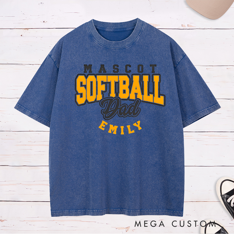 Personalized Softball Dad Washed T-Shirt Design Featuring Custom Team Name Player Name Bold Typography and Stylish Script Accent