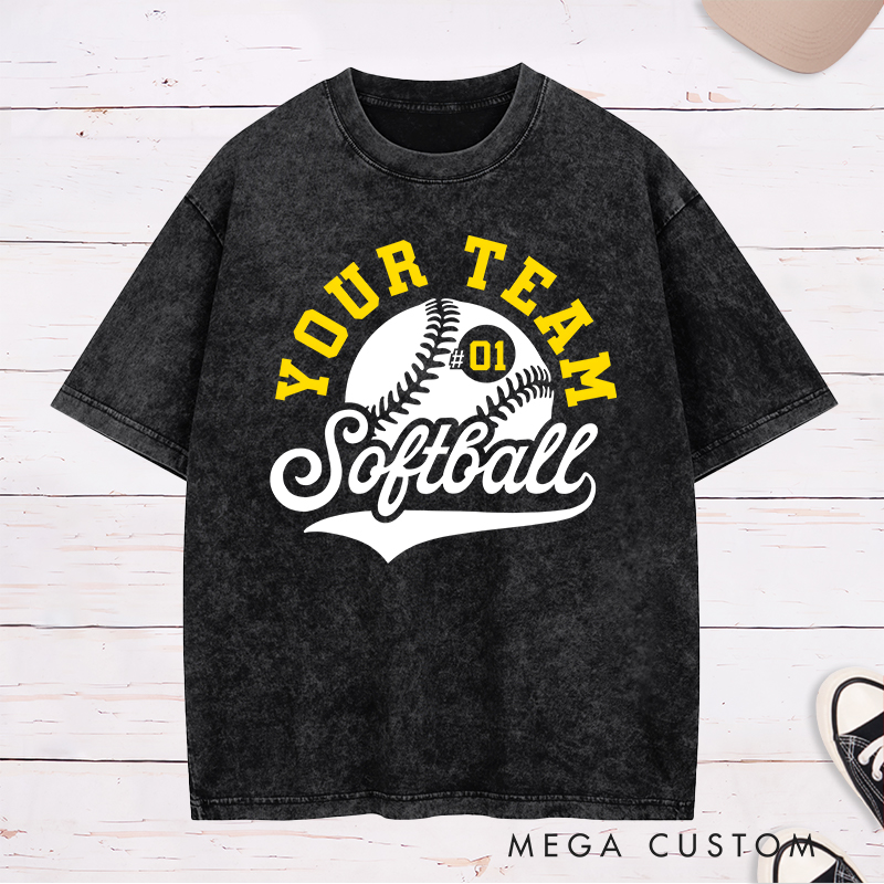 Personalized Softball Washed T-Shirt Team Logo Design Featuring a Customizable Team Name Dynamic Softball Graphic and Customizable Player Number