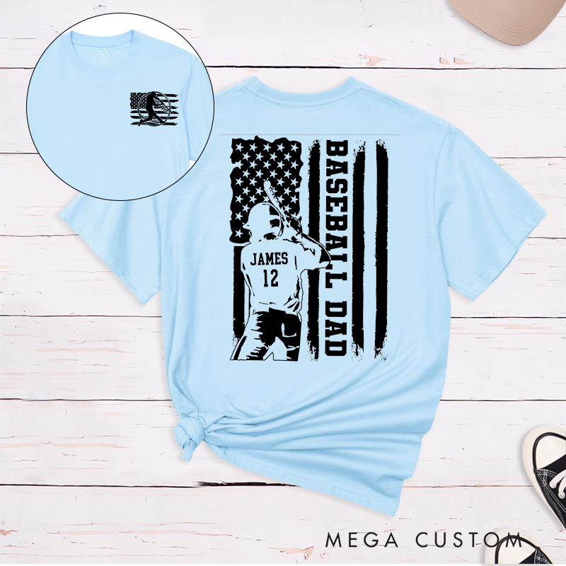 Personalized Baseball Dad T-Shirt with Patriotic Flag and Custom Name and Number