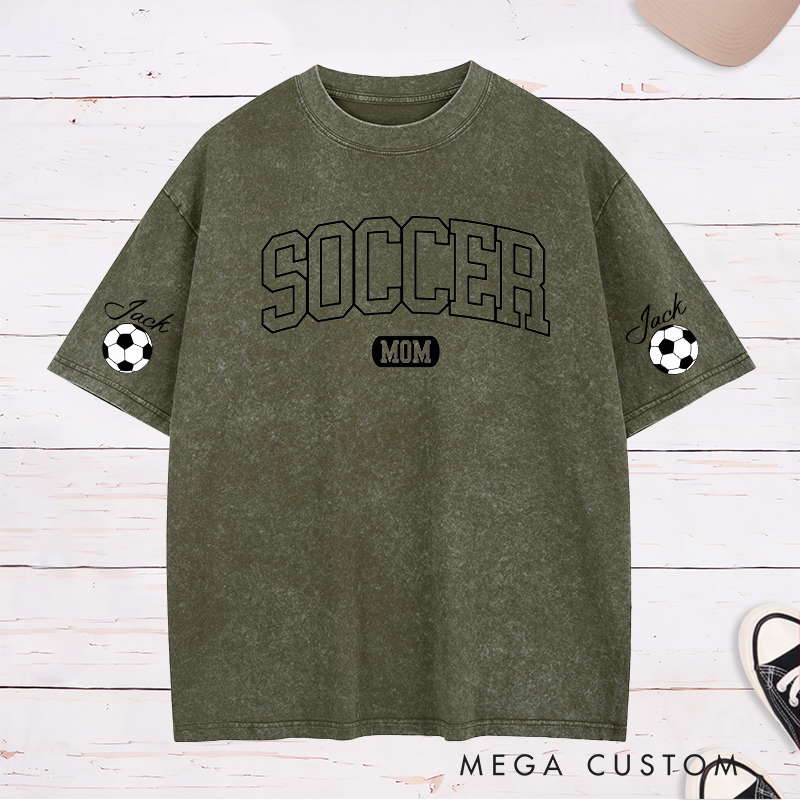 Personalized Soccer Mom Washed T-Shirt with Custom Sleeve Name Design