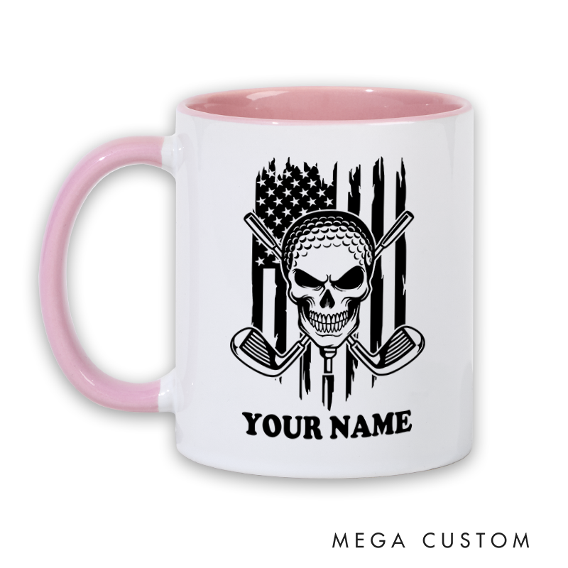Personalized Skull Golf Mug with Custom Name and American Flag Design Unique Gift for Golf Lovers