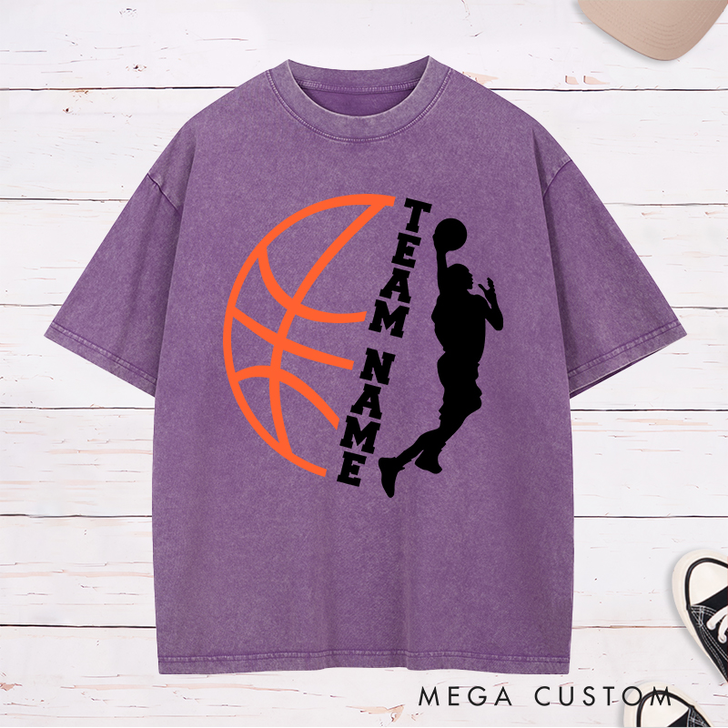 Personalized Washed T-Shirt Design Featuring Custom Team Name with Dynamic Dunking Player Silhouette and Bold Basketball Graphic