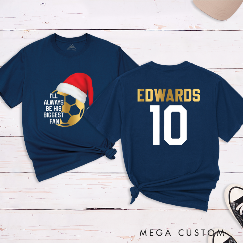 Personalized Christmas Soccer Fan T-Shirt with Custom Name and Number Design