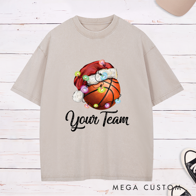 Personalized Festive Washed T-Shirt with Custom Team Name and Basketball Santa Hat Design