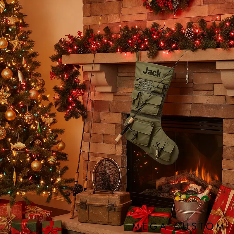 Personalized Fishing Christmas Stocking Christmas Decor Custom Name Stocking Multi-Pocket Design Perfect Holiday Gift for Anglers