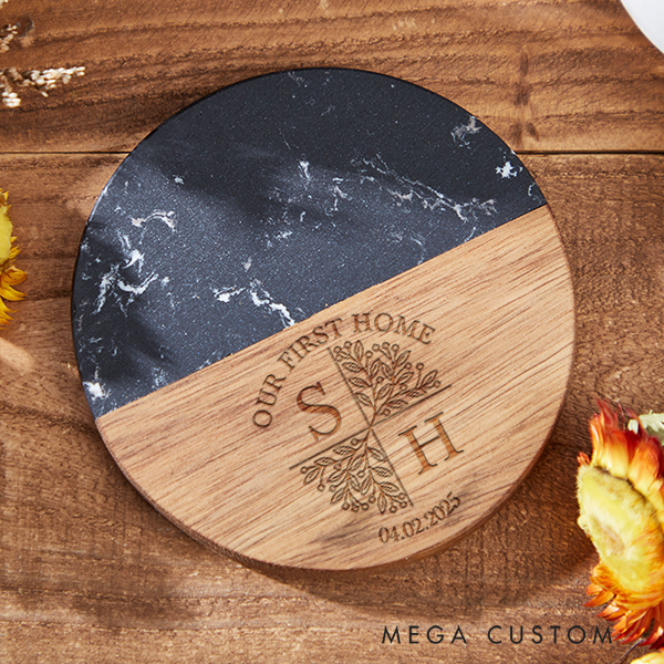 Personalized Coasters Custom Marble and Wood Coaster Stylish Housewarming Gift for New Beginnings Wedding Gift Our First Home for Couple