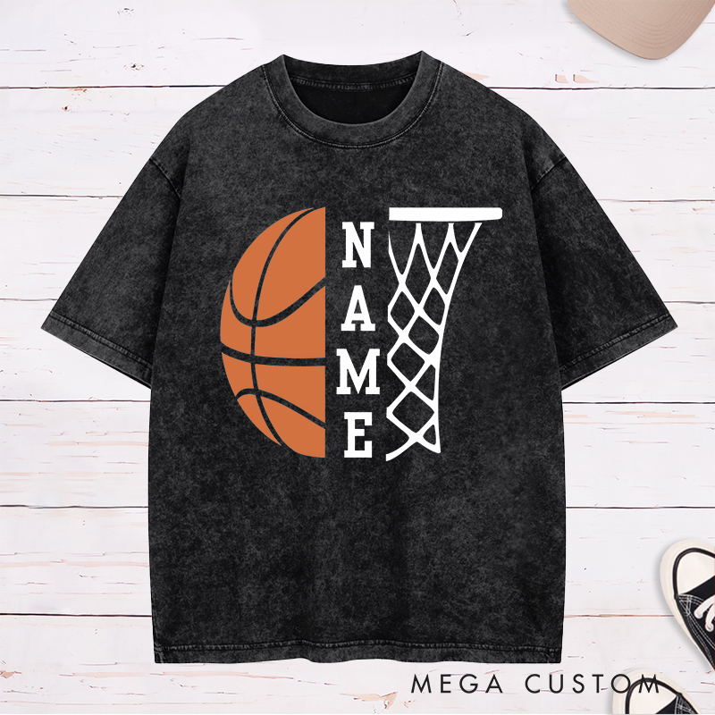 Personalized Washed T-Shirt Design Featuring a Bold Basketball and Hoop Graphic with Customizable Vertical Name Option