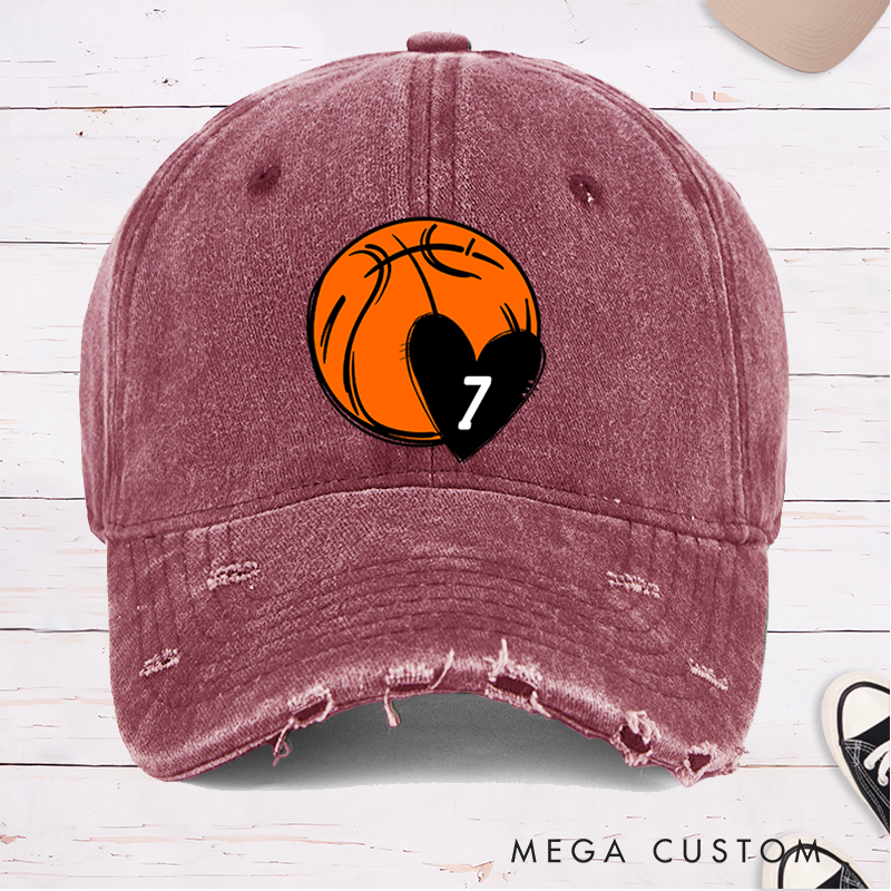 Personalized Distressed Basketball Cap with Custom Jersey Number Heart and Bold Basketball Graphic Design