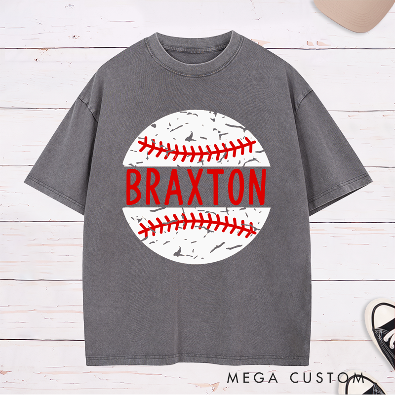 Personalized Baseball Team Washed T-Shirts with Custom Name and Distressed Ball Graphic