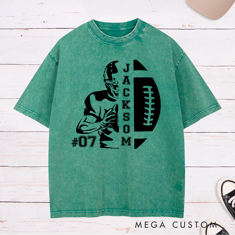 Personalized American Football Washed T-Shirt with Custom Name and Number for Game Day
