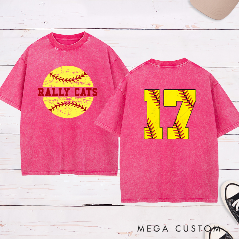 Personalized Softball Washed T-Shirt Design Featuring Distressed Player Number with Bold Softball Stitching Graphics