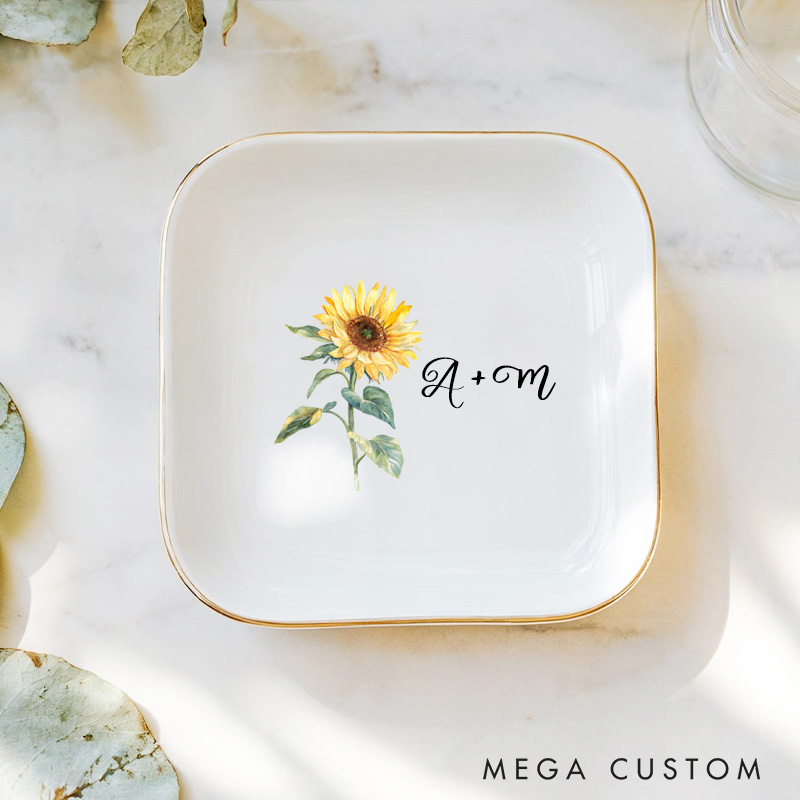 Personalized Vibrant Sunflower with Initials Wedding Engagement Gold-Trimmed Ring Dishes