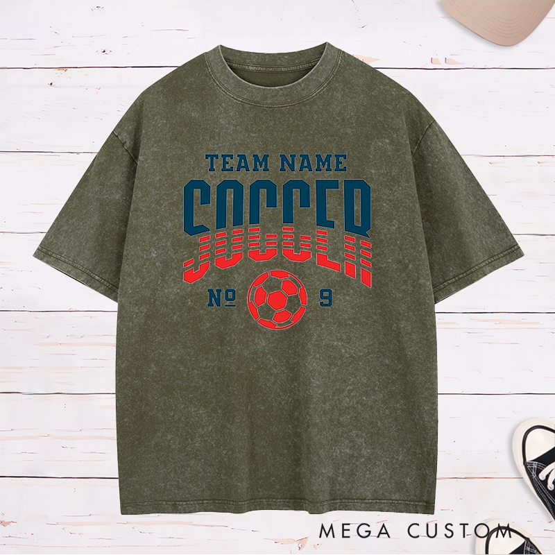 Personalized Soccer Washed T-Shirt with Dynamic Striped Graphic and Custom Team Name and Number