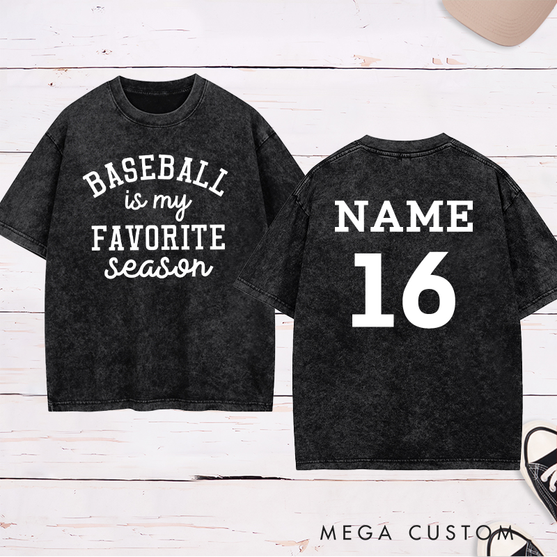 Personalized Baseball Season Washed T-Shirt with Custom Name and Number