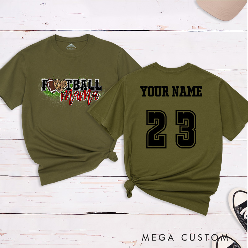 Personalized American Football Leopard Mama T-Shirts Featuring Custom Name and Number