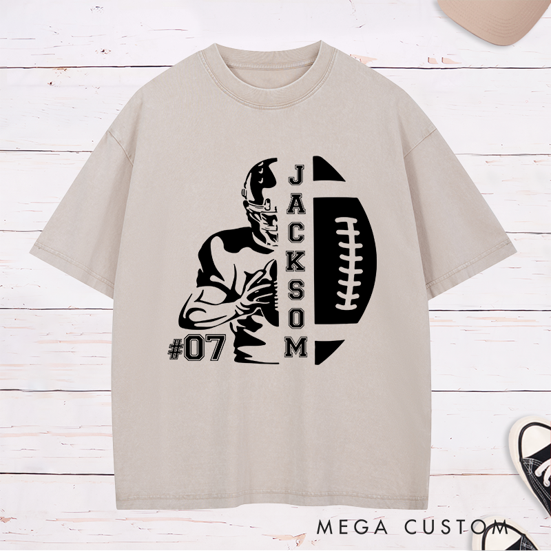 Personalized American Football Washed T-Shirt with Custom Name and Number for Game Day