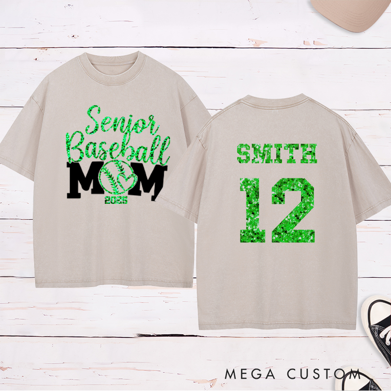 Personalized Senior Baseball Mom Washed T-Shirt with Custom Name and Number