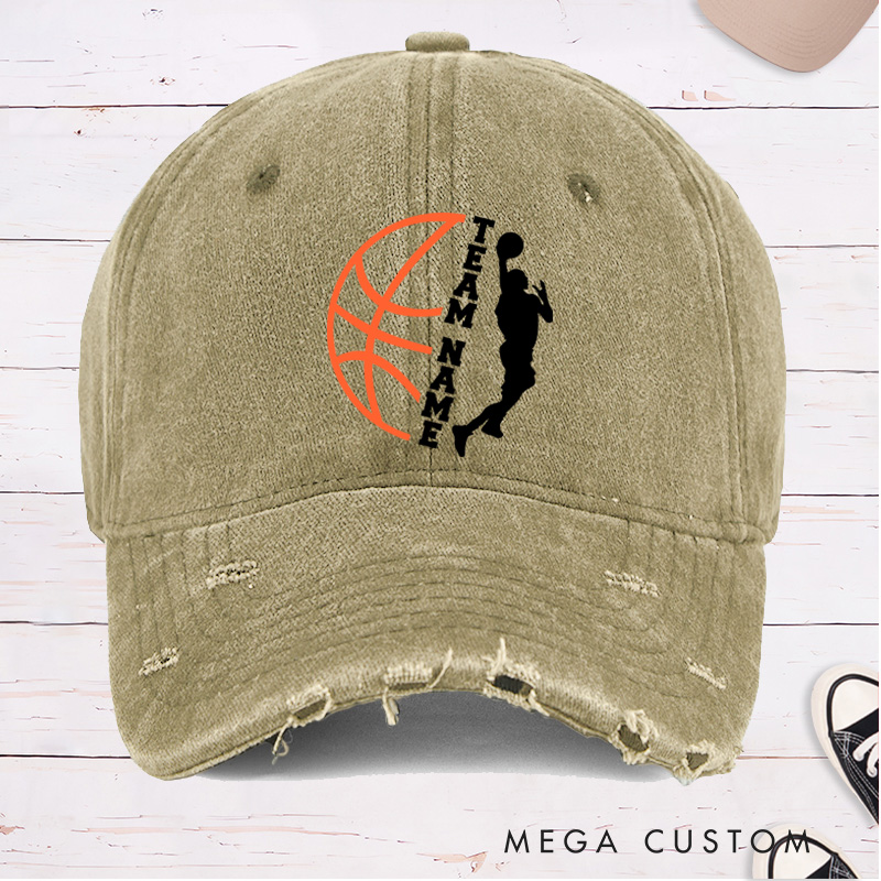 Personalized Distressed Denim Basketball Cap with Vertical Team Name and Player Silhouette Design