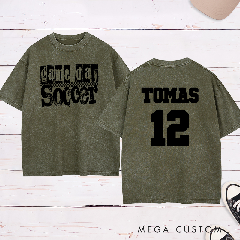 Personalized Game Day Soccer Washed T-Shirt with Grunge Checkerboard Design and Custom Name and Number