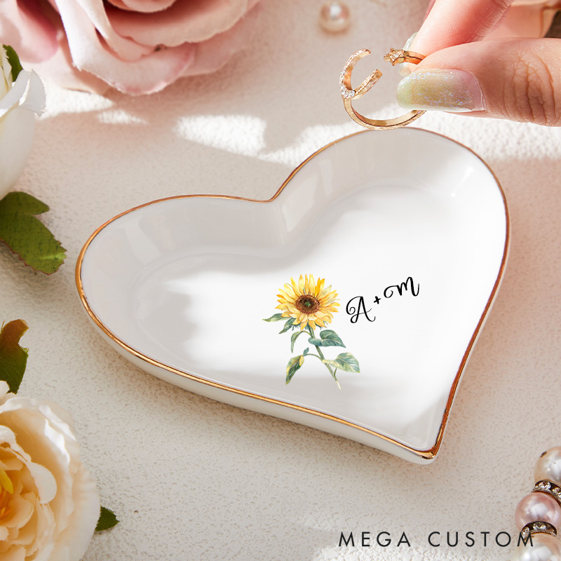 Personalized Vibrant Sunflower with Initials Wedding Engagement Gold-Trimmed Ring Dishes