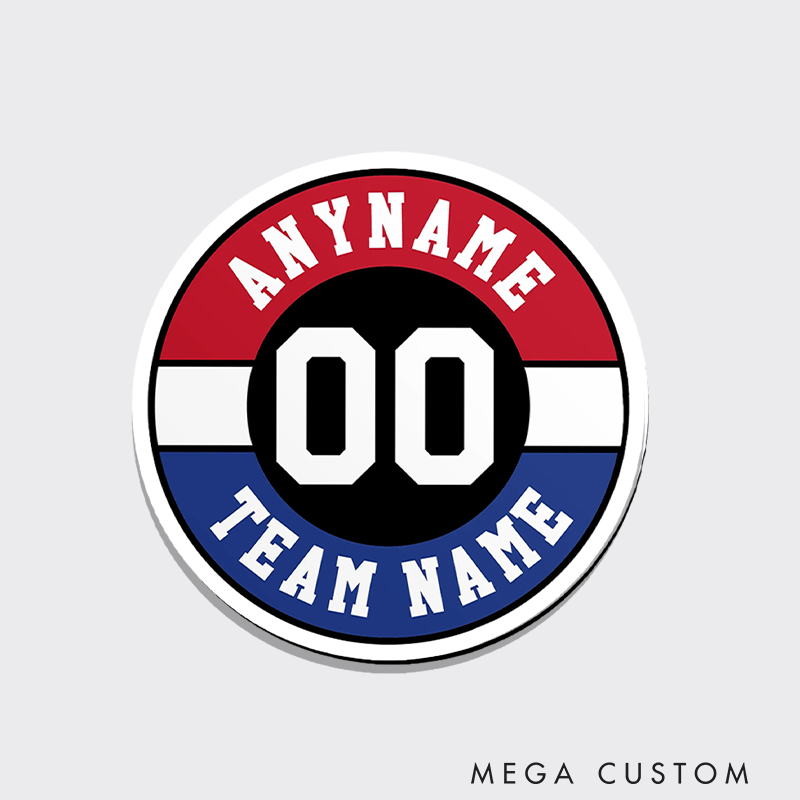 Personalized Circular Sports Fridge Magnet Featuring Team Colors and Text 