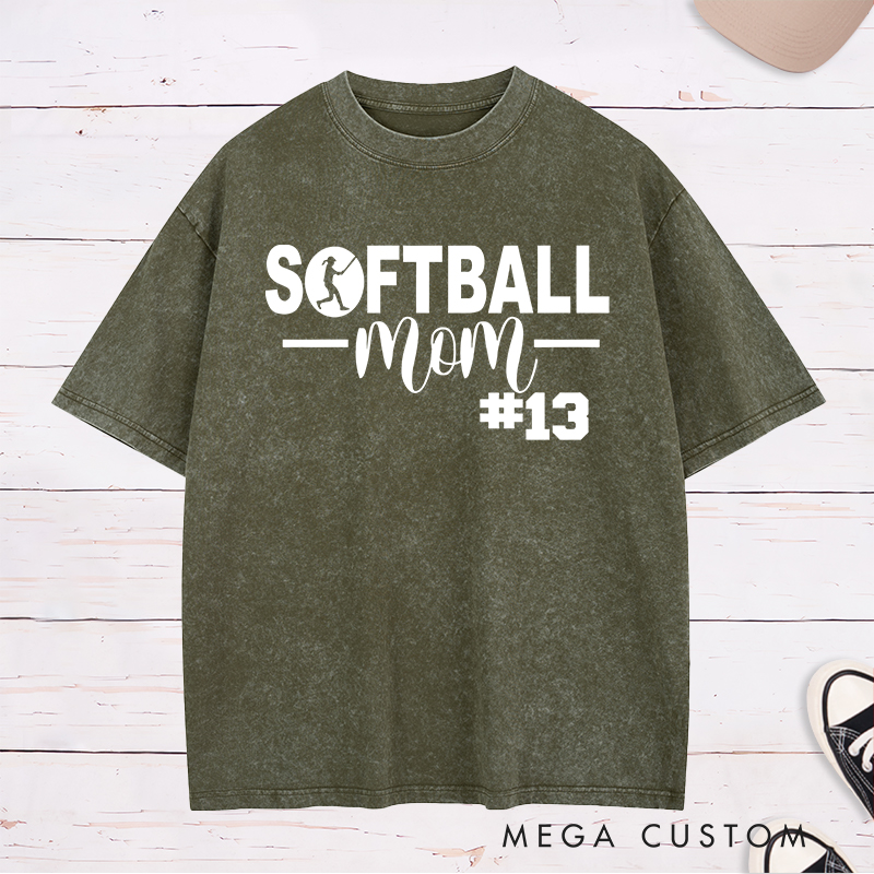 Personalized Softball Mom Washed T-Shirt Design Featuring Bold Text Player Number and a Stylish Softball Silhouette Graphic