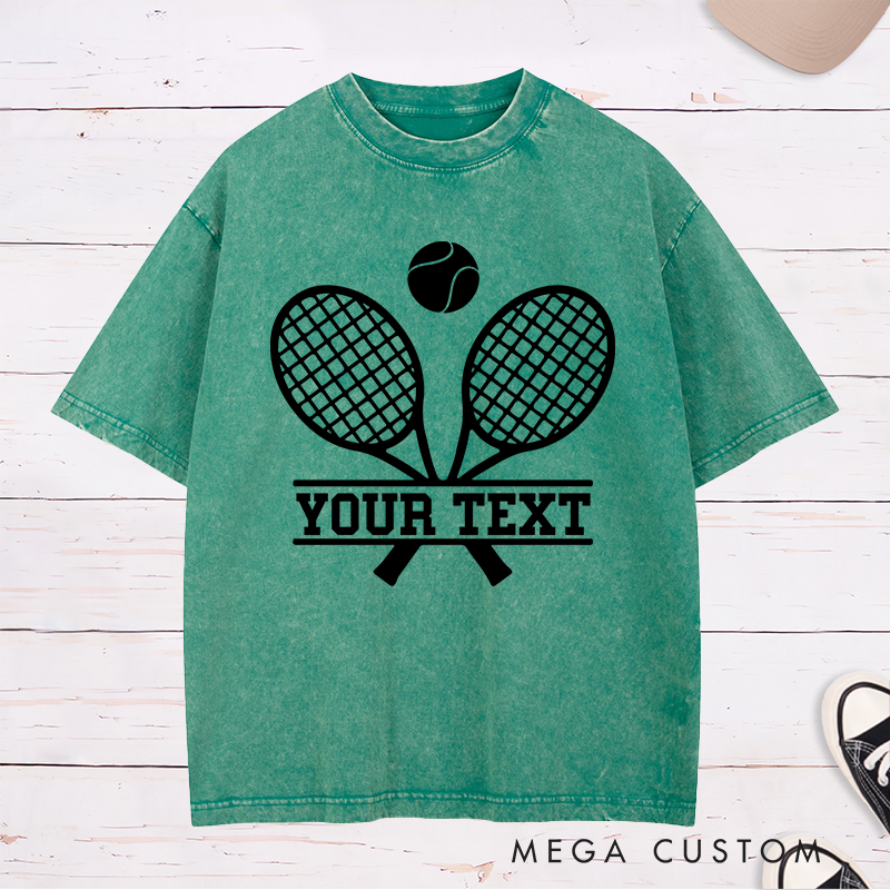 Personalized Tennis Washed T-Shirt with Crossed Rackets Design and Custom Text