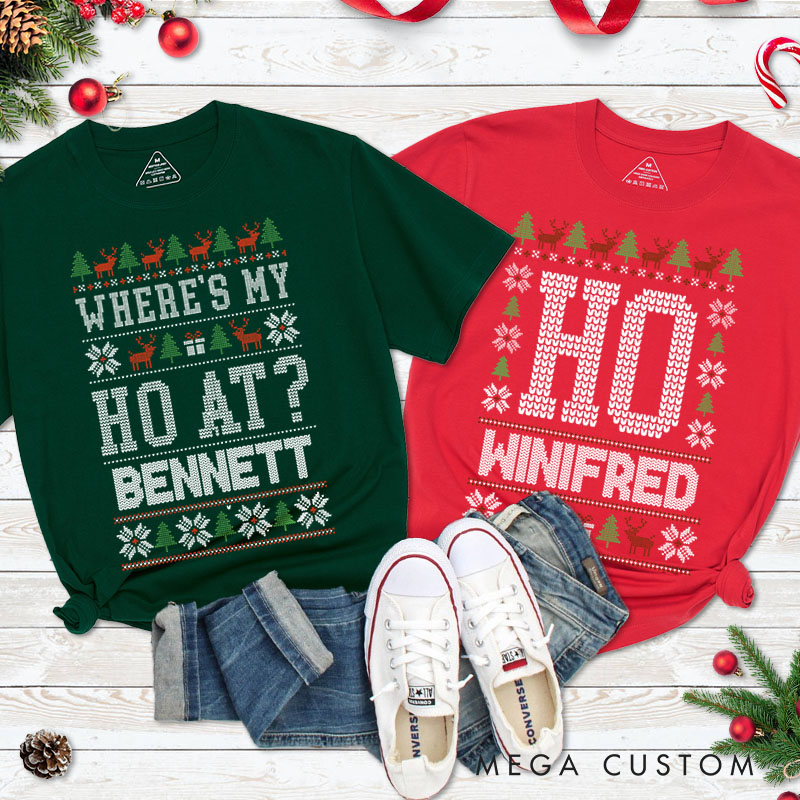 Personalized Couple Where’s My Ho At and Ho Christmas T-Shirt Couple Xmas Ugly Sweater Design Matching T-Shirt for Husband Wife Boyfriend Girlfriend