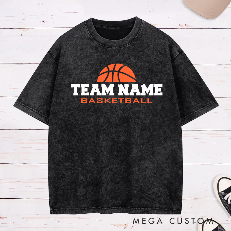 Personalized Basketball Team Washed T-Shirt Design Featuring Bold Customizable Team Name with Classic Basketball Graphic