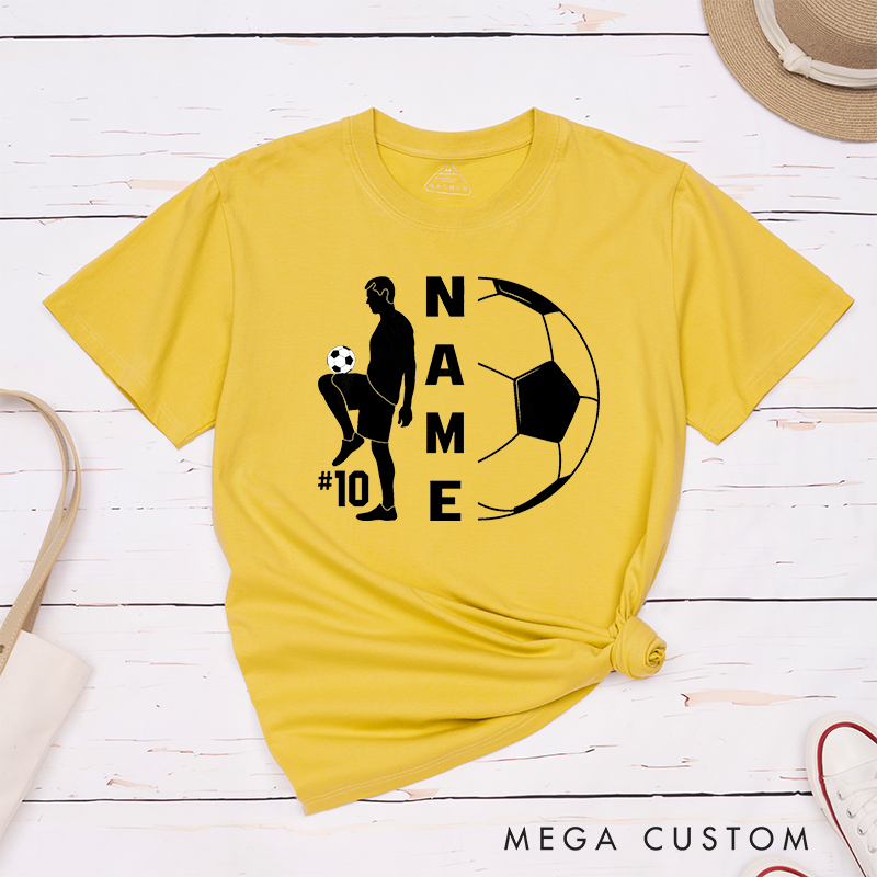 Personalized Soccer T-Shirt with Player Silhouette and Custom Name and Number Design