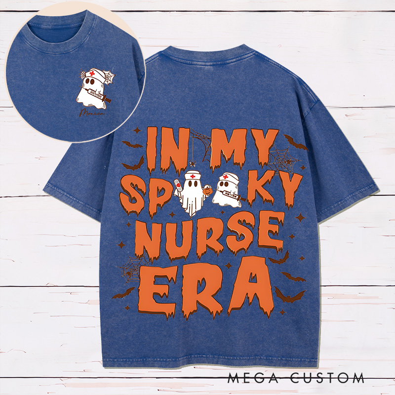 Personalized Two Sides Printed Washed T-Shirt Customized In My Spooky Nurse Era Design Washed T-Shirt 