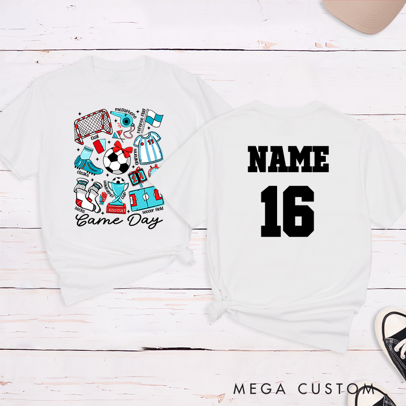 Personalized Game Day Soccer T-Shirt with Fun Illustrated Graphics and Custom Name and Number