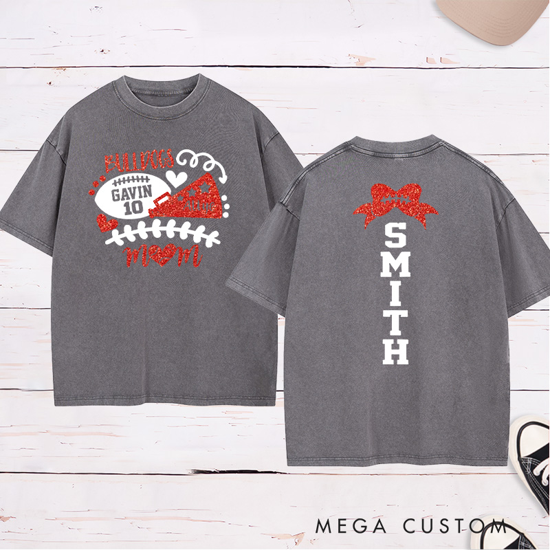 Personalized Glitter American Football and Rugby Cheer Mom Washed T-Shirt with Custom Name and Number