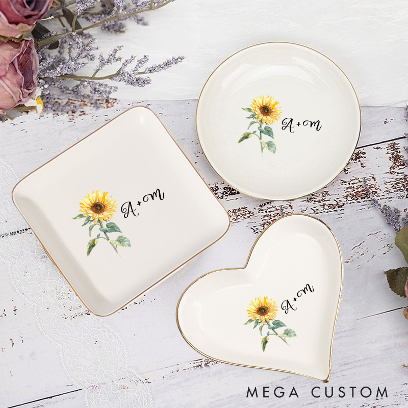 Personalized Vibrant Sunflower with Initials Wedding Engagement Gold-Trimmed Ring Dishes