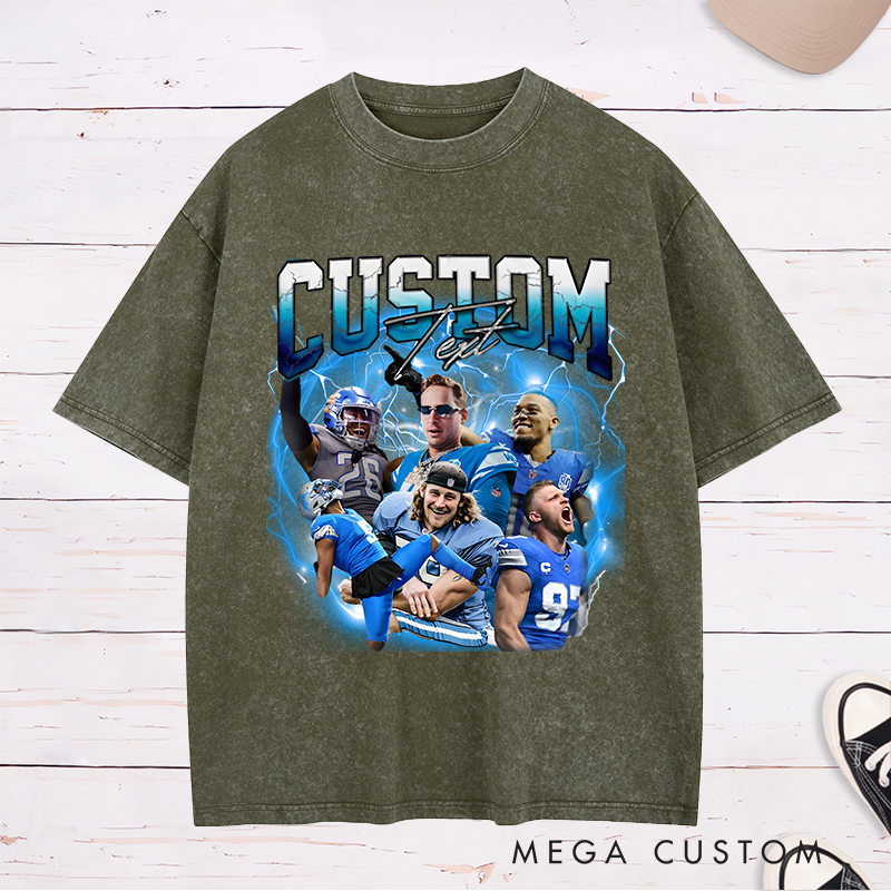 Personalized Lightning Themed Athlete Graphic Washed T-Shirt with Custom Photos and Text