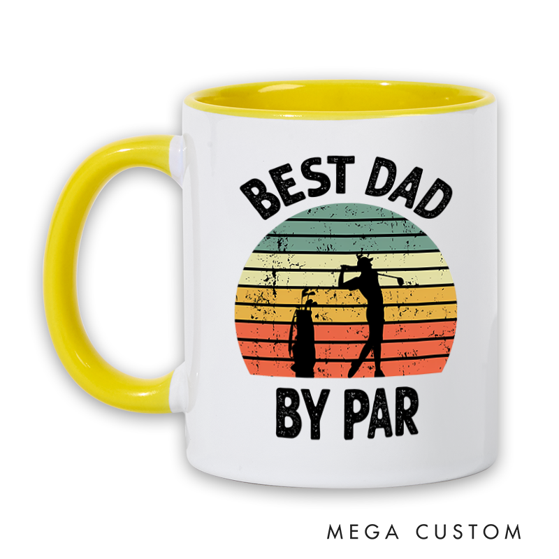Personalized Golf Mug with Custom Title By Par Design Retro Sunset Style and Two Tone Handle