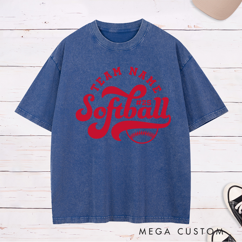 Personalized Softball Washed T-Shirt Featuring Customizable Team Name Player Number Dynamic Script Font and Classic Softball Graphic for a Bold and Unified Look