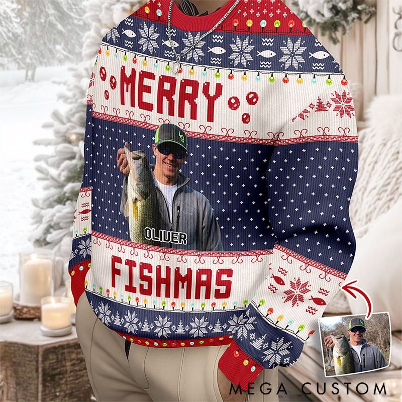 Personalized Merry Fishmas Ugly Sweater Funny Fishing Ugly Sweater Custom Photo and Name Funny Holiday Gift for Fishing Lovers