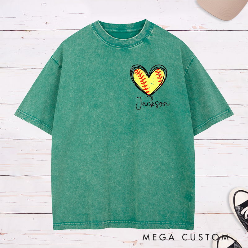 Personalized Softball Heart Washed T-Shirt Design Featuring Custom Name and Vibrant Softball Stitching Graphic