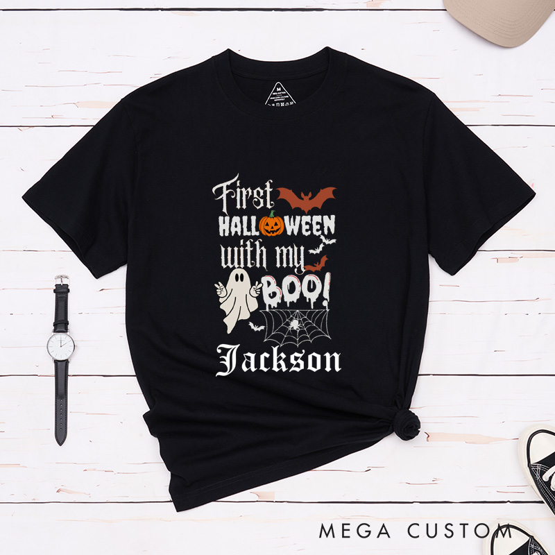 Personalized First Halloween Couple Matching T-Shirt Halloween With My Boo T-Shirt For Boyfriend and Girlfriend