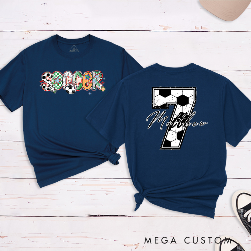Personalized Soccer T-Shirt with Colorful Patterned Lettering and Custom Name and Number