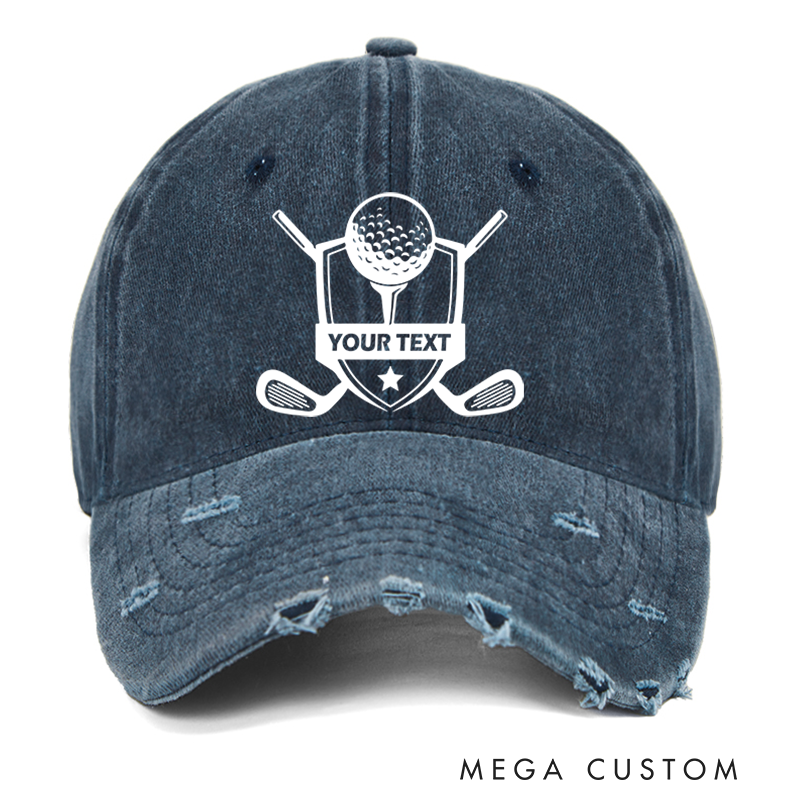 Personalized Distressed Denim Baseball Cap with Shield Design Featuring Golf Ball Crossed Clubs Star Accent and Customizable Text for Golf Enthusiasts
