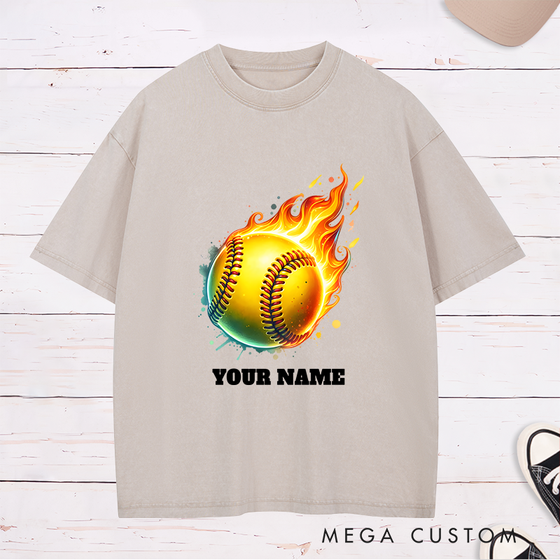 Personalized Fiery Softball Washed T-Shirt Design Customizable Name Featuring a Dynamic Flaming Softball Graphic Perfect for Teams and Players