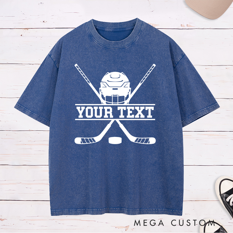 Personalized Hockey Helmet and Sticks Washed T-Shirt with Custom Name 
