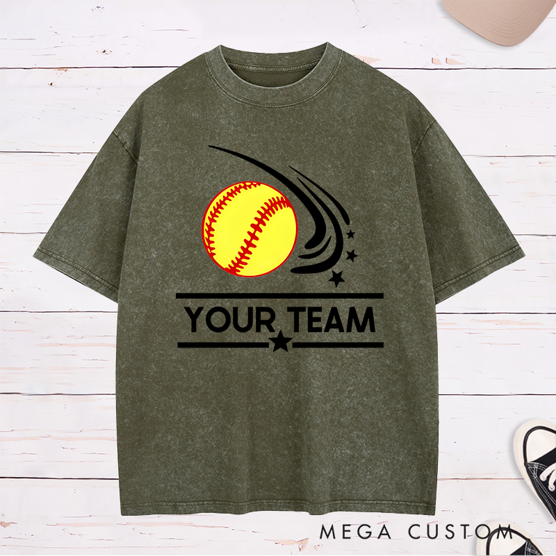 Personalized Softball Team Washed T-Shirt Design Featuring Customizable Team Name Dynamic Softball Motion Graphic and Star Accents
