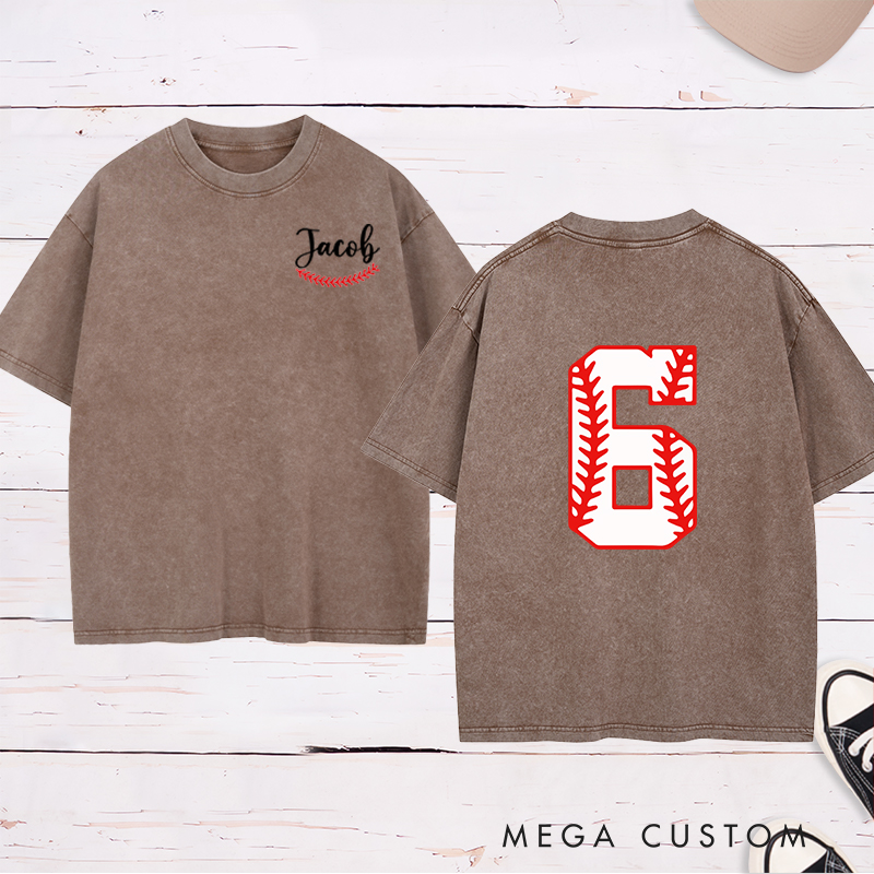 Personalized Sports Washed T-Shirt with Custom Name and Unique Baseball Stitch Number Design
